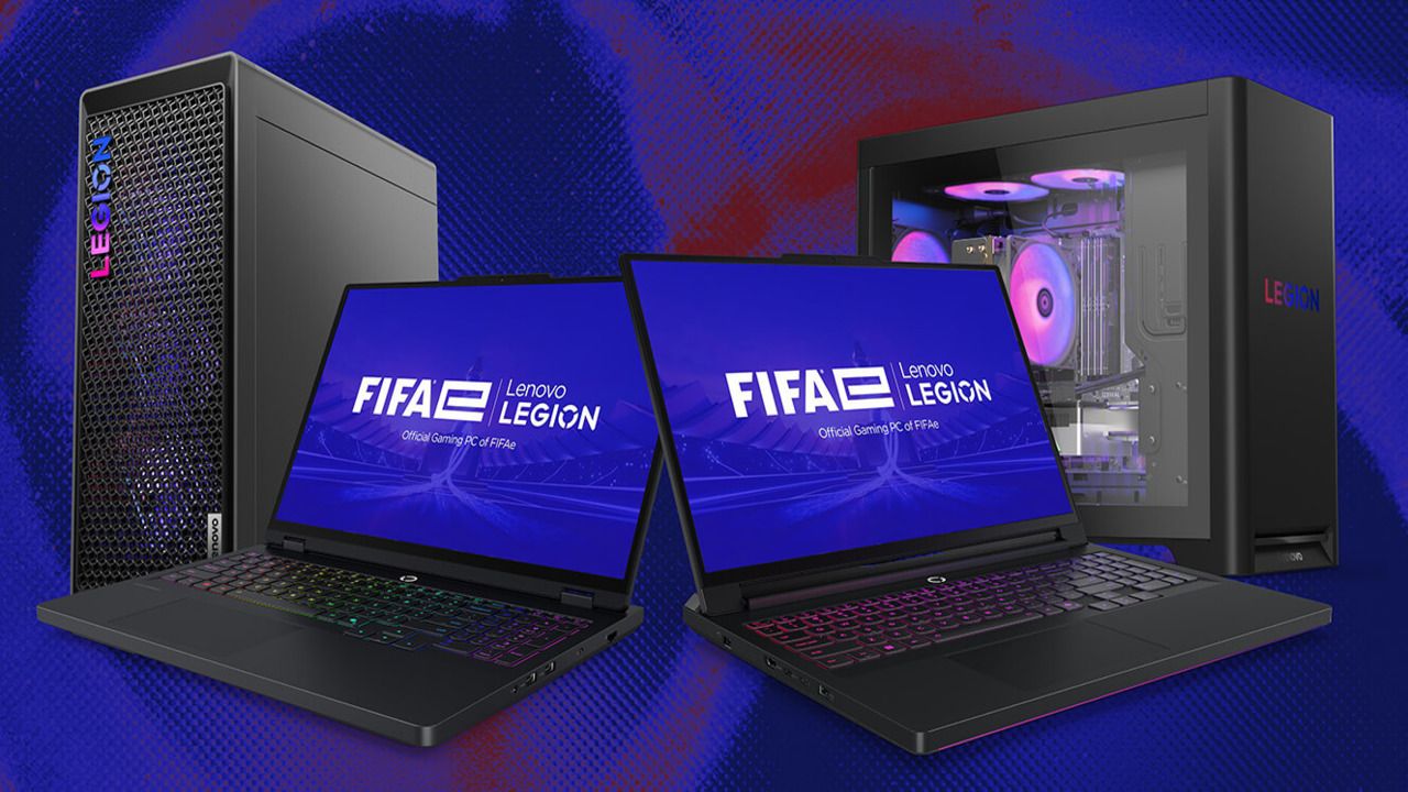 Dois computadores Lenovo com o logotipo do FIFAe games em suas telas. 